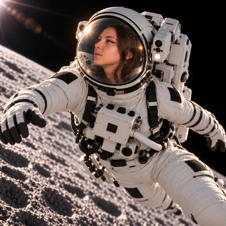 Alice Mainardi di Houston Agency in tuta da astronauta fluttua guardando verso l'alto sopra la Luna