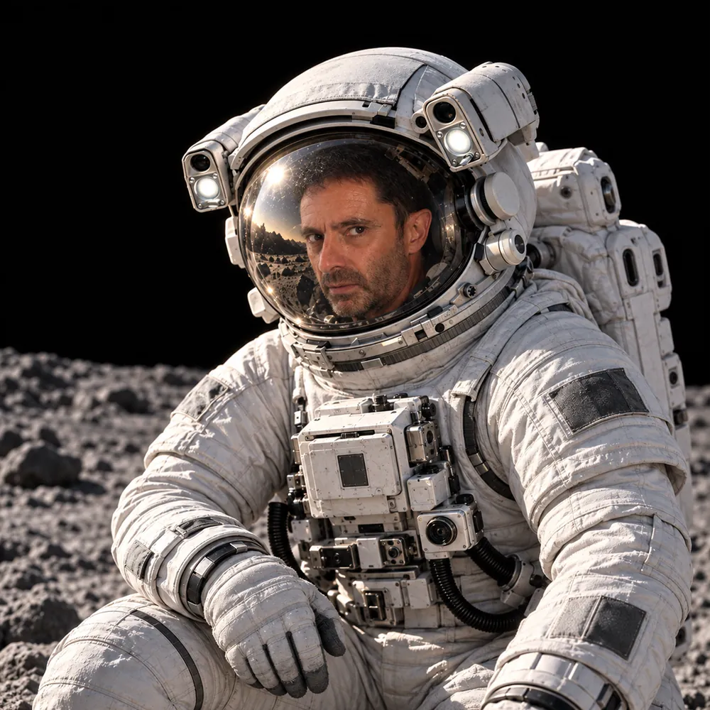 Andrea Cappello di Houston Agency in tuta da astronauta, seduto sul suolo lunare