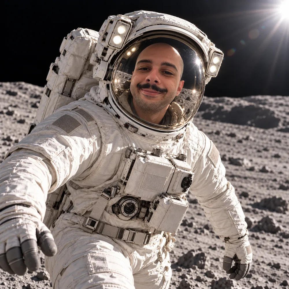 Andrea Mantoan di Houston Agency in tuta da astronauta si sporge verso l'obiettivo sulla superficie lunare