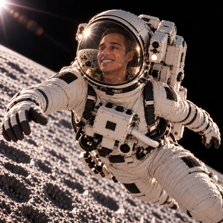 Emanuele Vignati di Houston Agency in tuta da astronauta fluttua sorridendo sopra la superficie lunare
