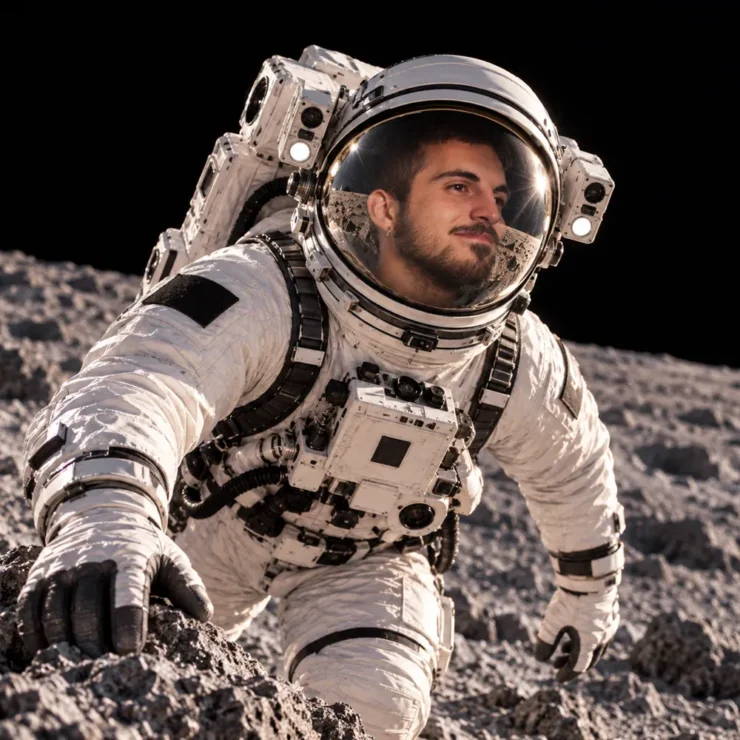 Federico Lovotrico di Houston Agency in tuta da astronauta si arrampica su una roccia lunare