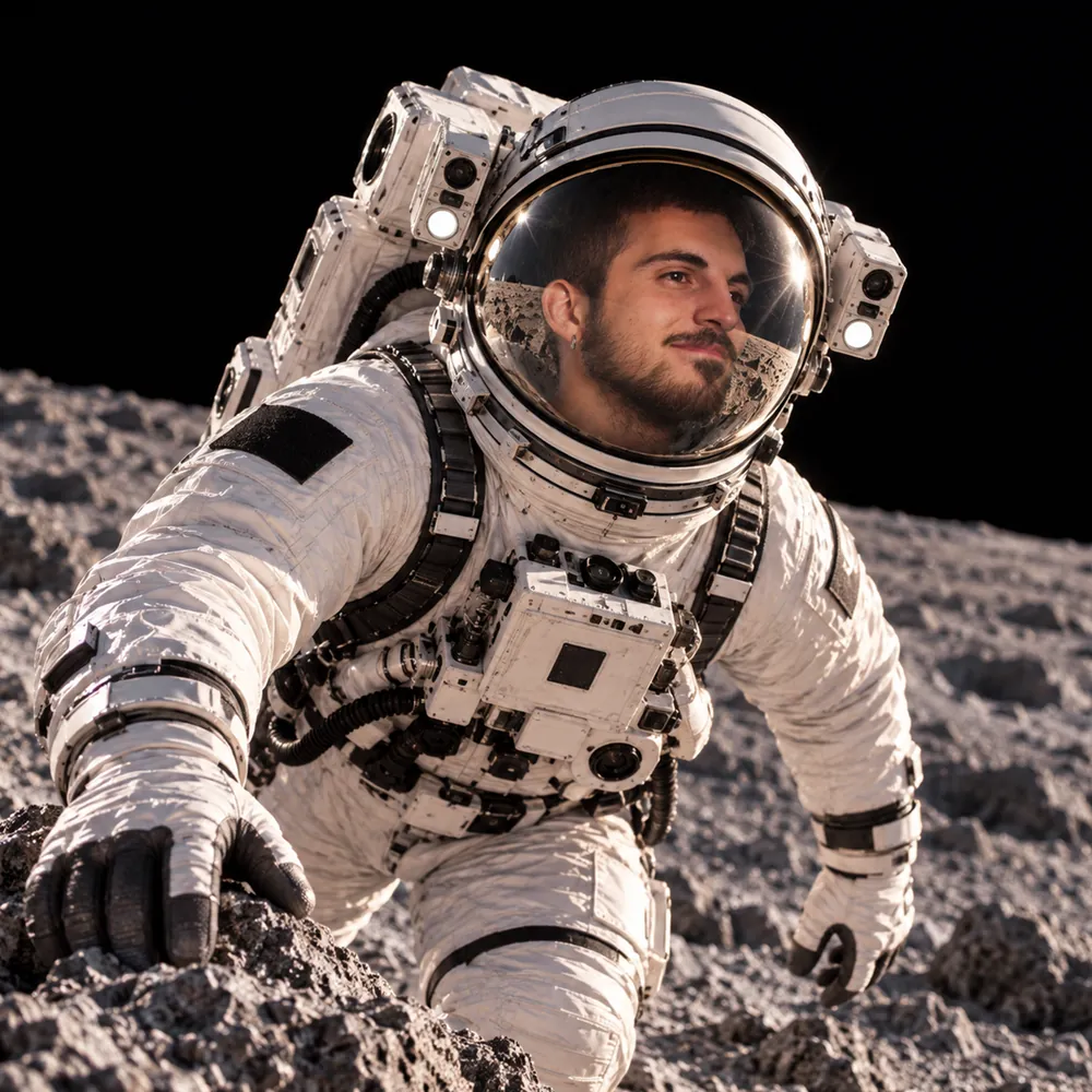 Federico Lovotrico di Houston Agency in tuta da astronauta si arrampica su una roccia lunare