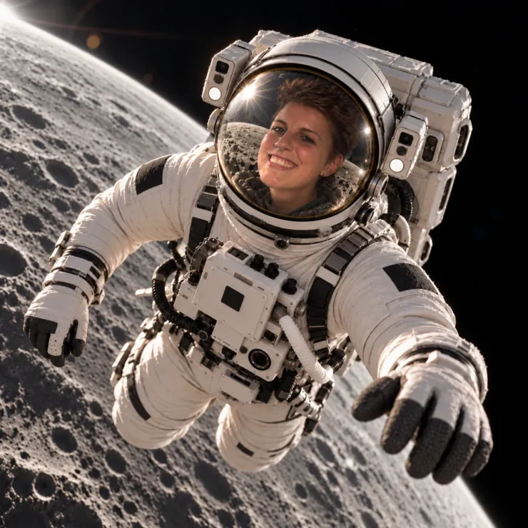Giorgia Magnano di Houston Agency in tuta da astronauta fluttua sorridendo davanti alla Luna