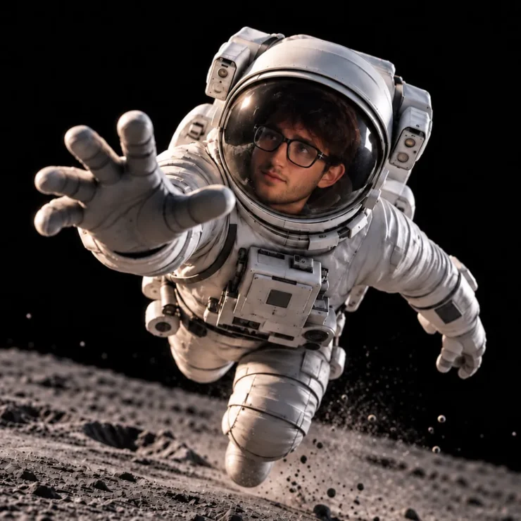 Lorenzo Converso di Houston Agency in tuta da astronauta si lancia con la mano tesa sopra il suolo lunare