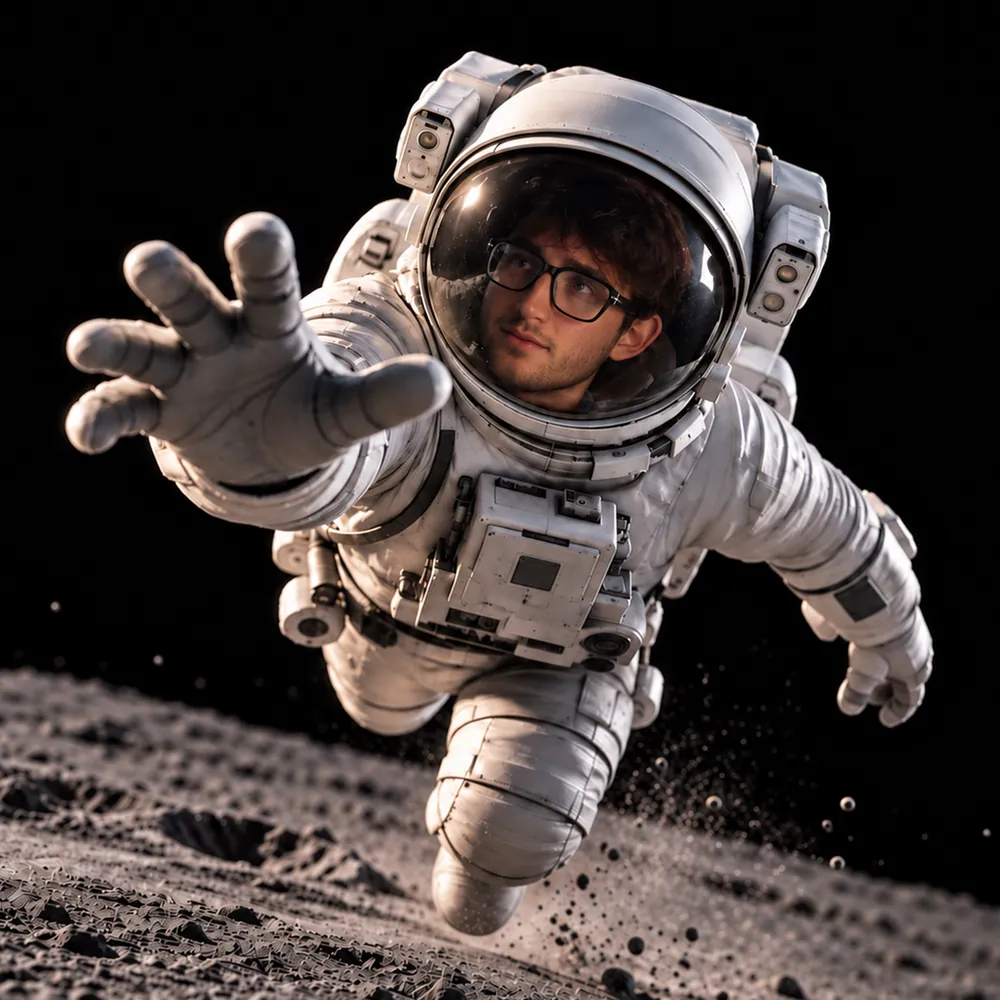 Lorenzo Converso di Houston Agency in tuta da astronauta si lancia con la mano tesa sopra il suolo lunare