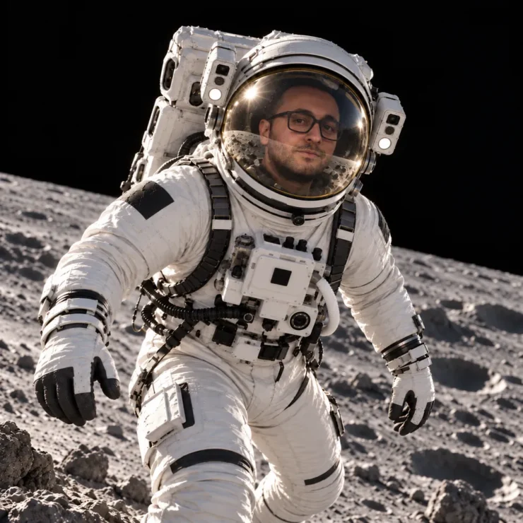 Pasquale Troiano di Houston Agency in tuta da astronauta cammina sulla superficie lunare