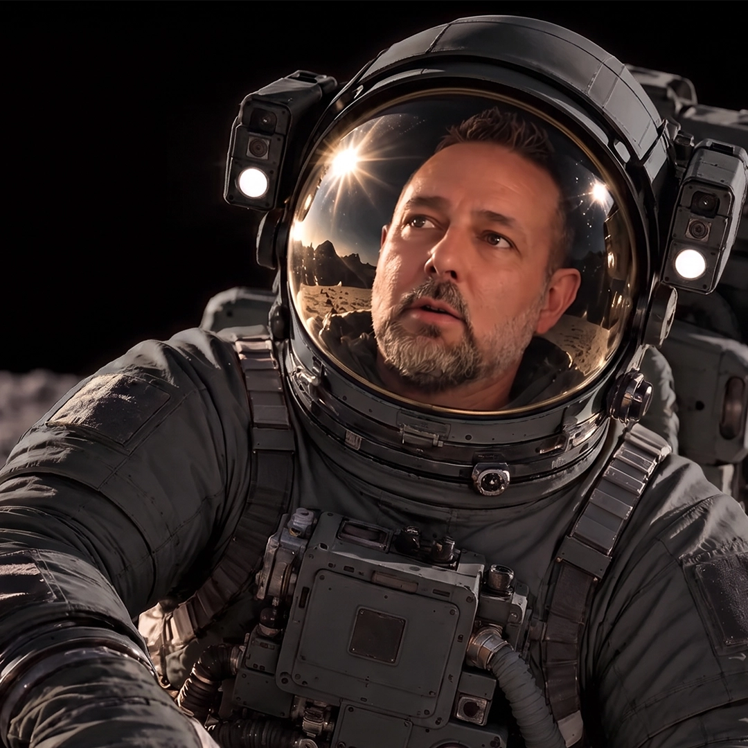 Daniele Saolini di Houston Agency in tuta da astronauta seduto su una roccia lunare, guarda verso l'alto