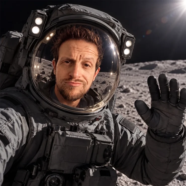 Mirko Mazzon di Houston Agency in tuta da astronauta saluta con la mano sulla superficie lunare