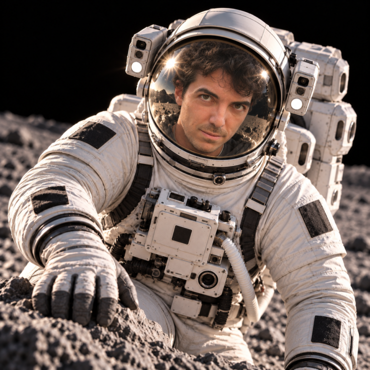 Raffaele Folino di Houston Agency in tuta da astronauta si arrampica su una roccia lunare
