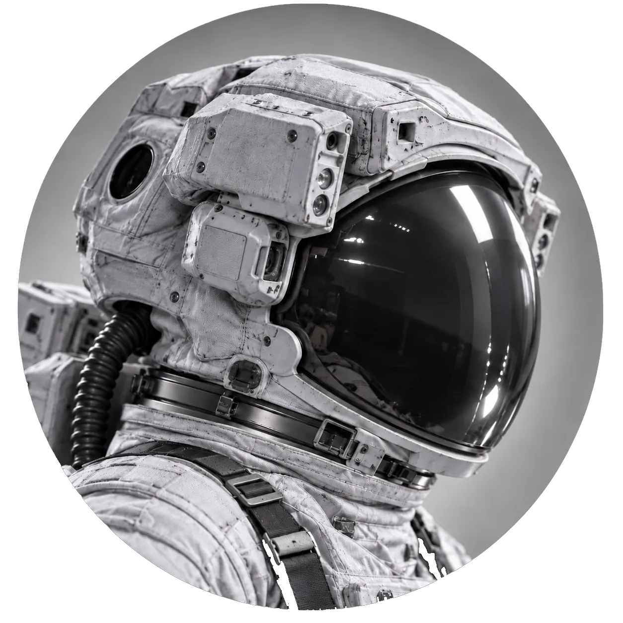 Astronauta di profilo con casco cromato, in bianco e nero.