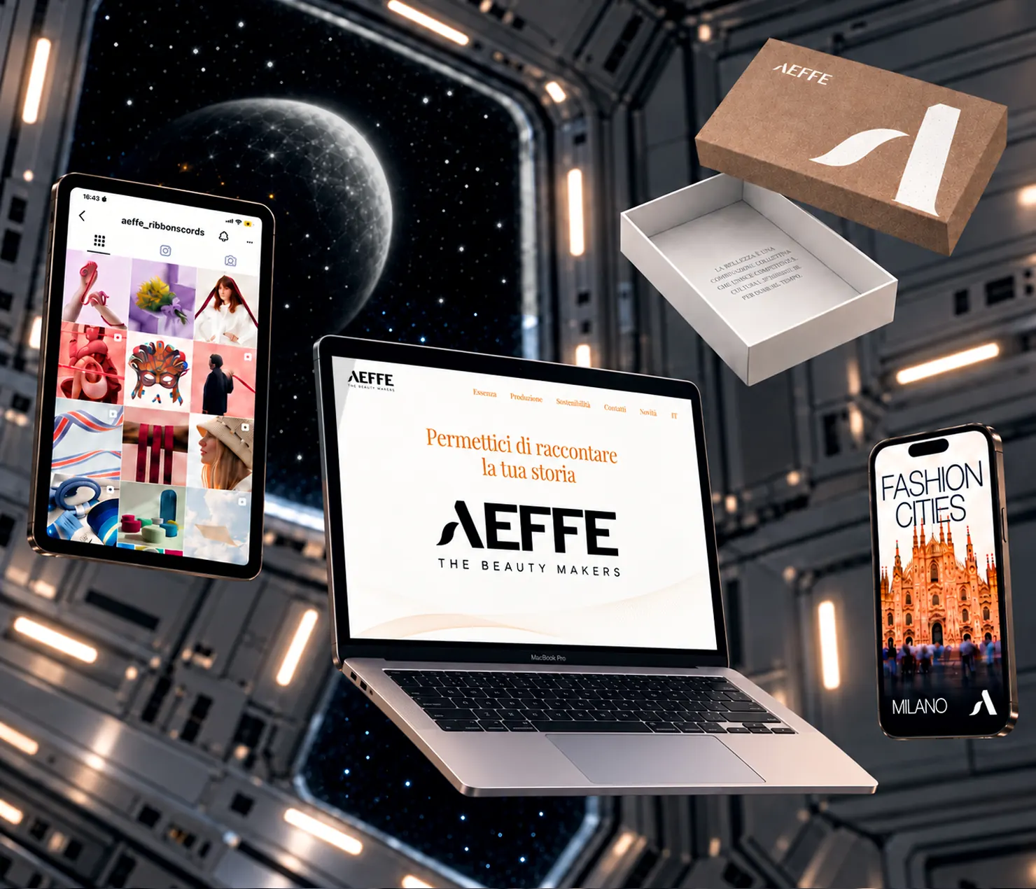 Campagna integrata Aeffe: Instagram, sito web, packaging e poster Fashion Cities fluttuano in una stazione spaziale.
