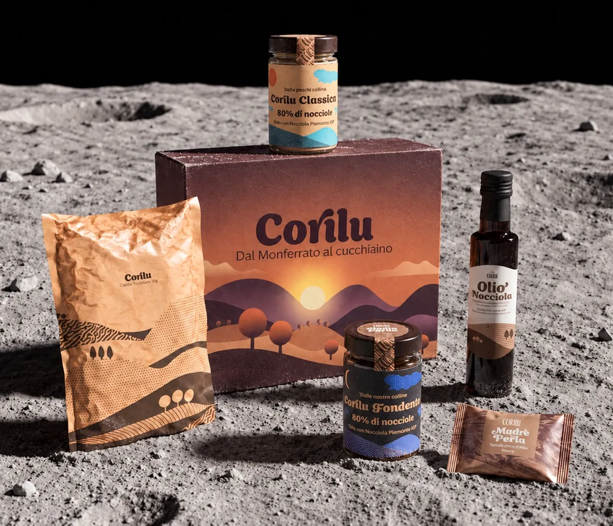 Packaging Corilu: scatola, vasetti di crema di nocciole, olio e snack su un suolo lunare.