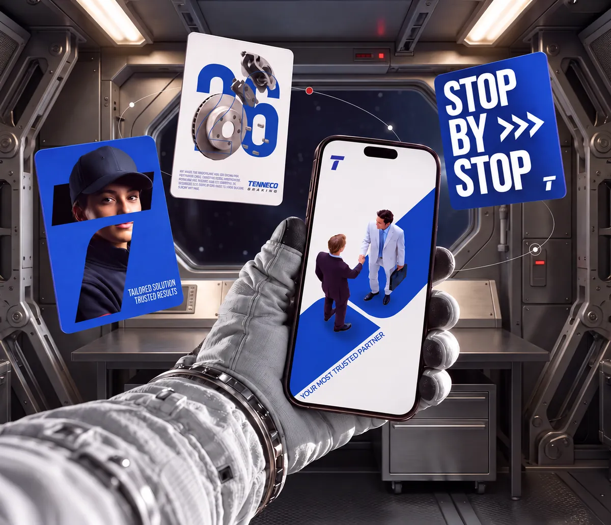 Contenuti social Tenneco Braking: card e smartphone tenuti da un astronauta in una stazione spaziale.