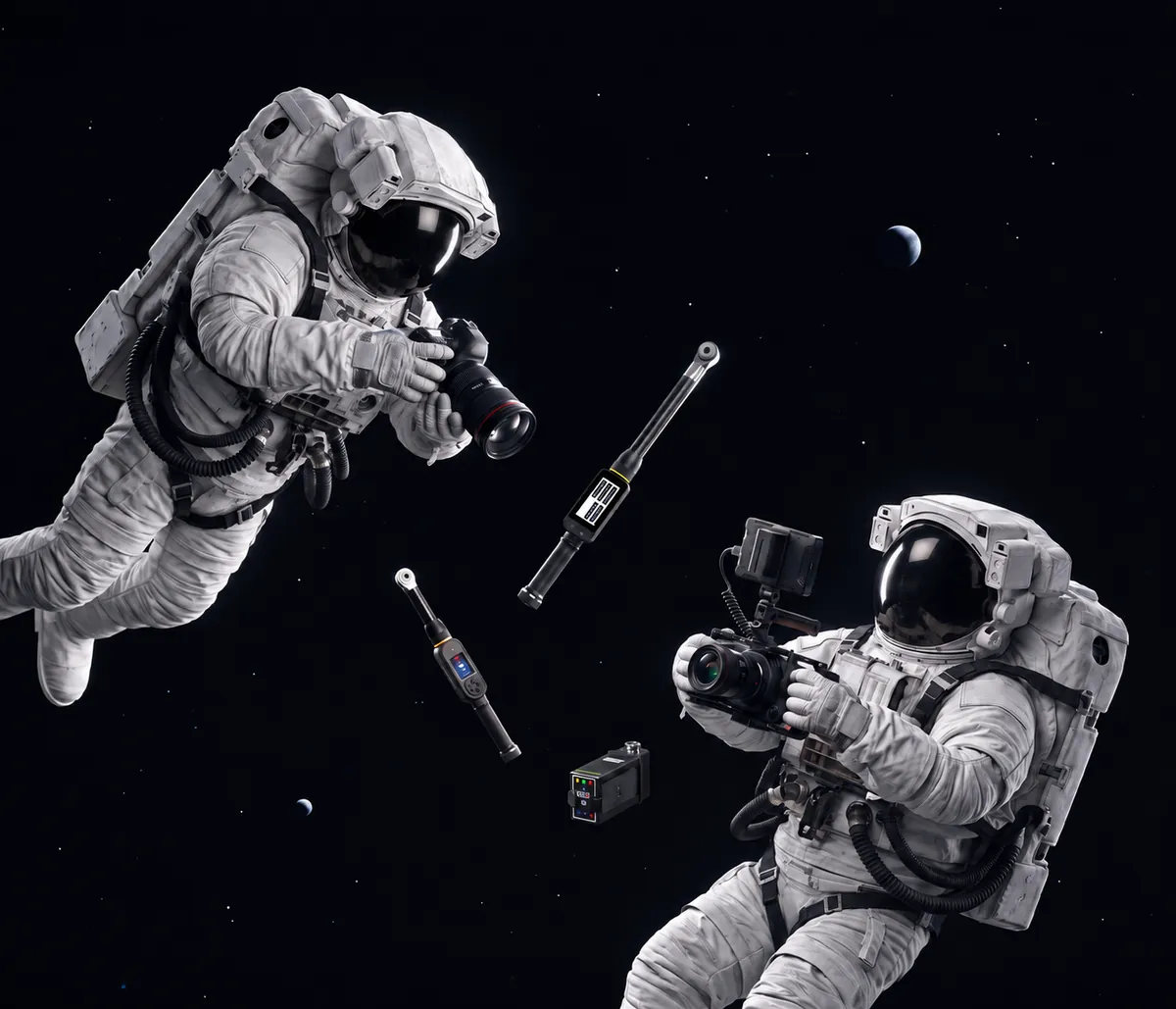 Due astronauti con fotocamera e cinepresa riprendono chiavi dinamometriche Atlas Copco che fluttuano nello spazio.